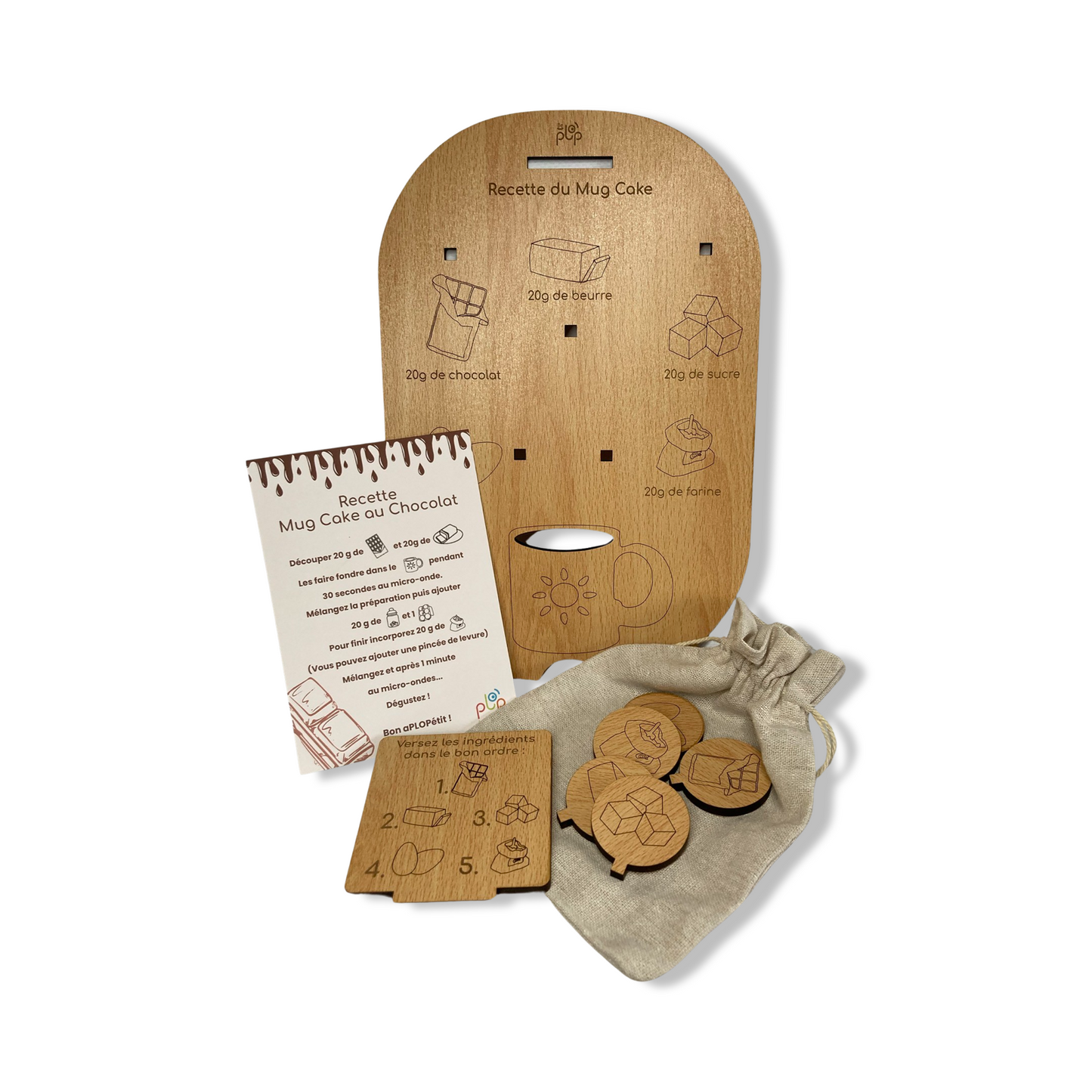 Planche recette en bois Montessori Le Mugcake avec ses pièces détachables, sac de rangement et instructions de recette incluses