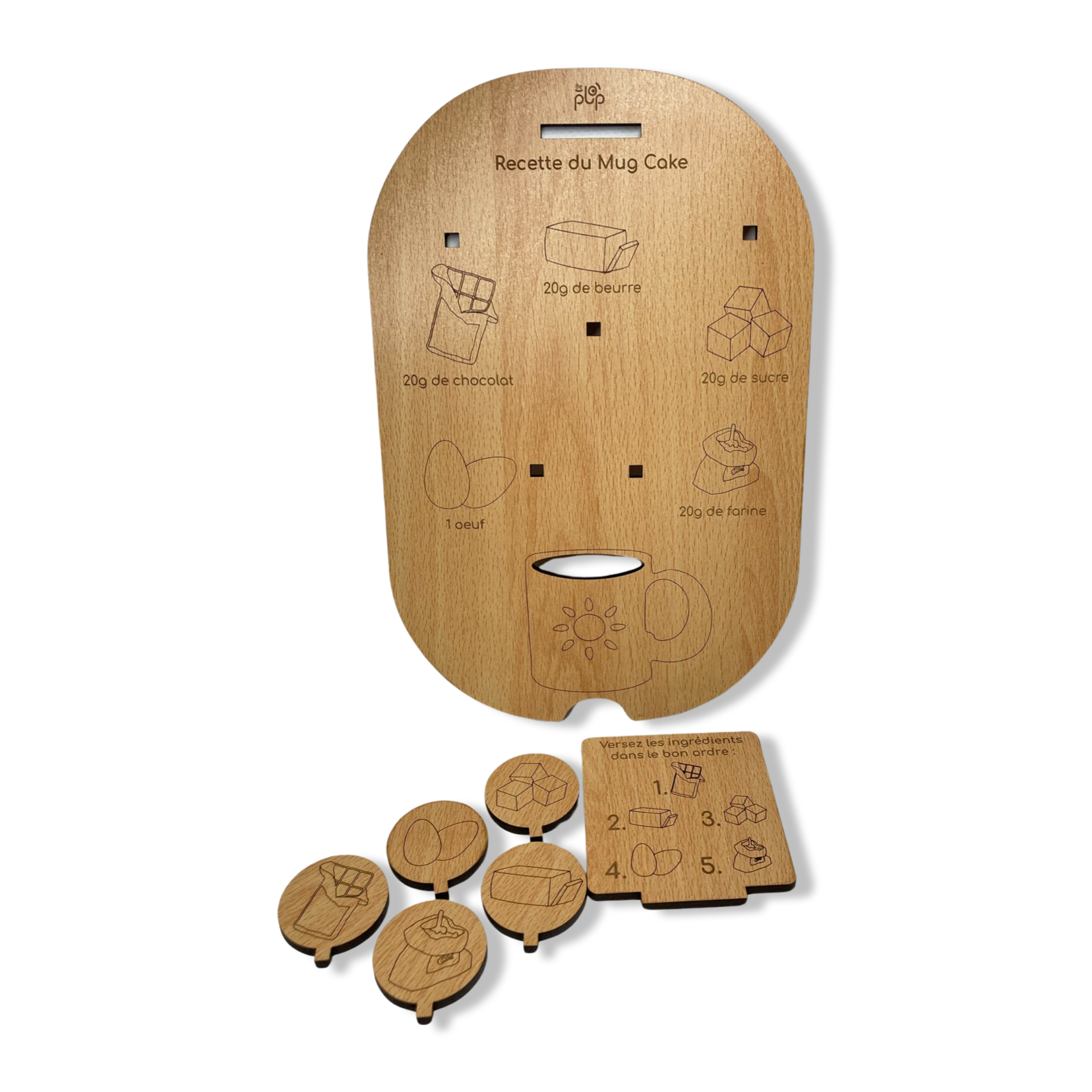 Planche recette Montessori en bois Le Mugcake, avec gravures des ingrédients et pièces à encastrer pour un apprentissage ludique