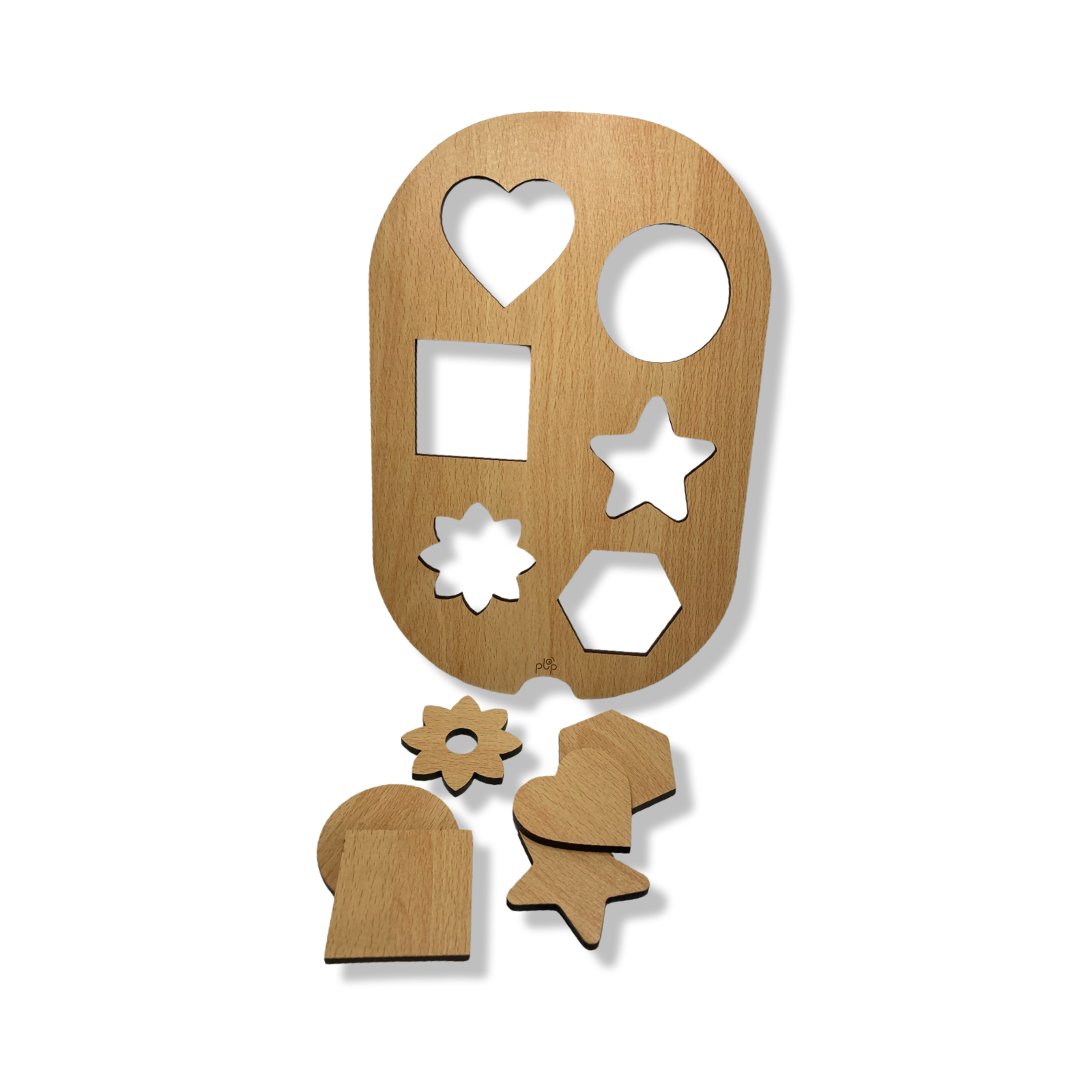 Planche en bois Montessori avec formes géométriques comme étoile, cœur et carré, accompagnée de pièces à encastrer pour un apprentissage ludique