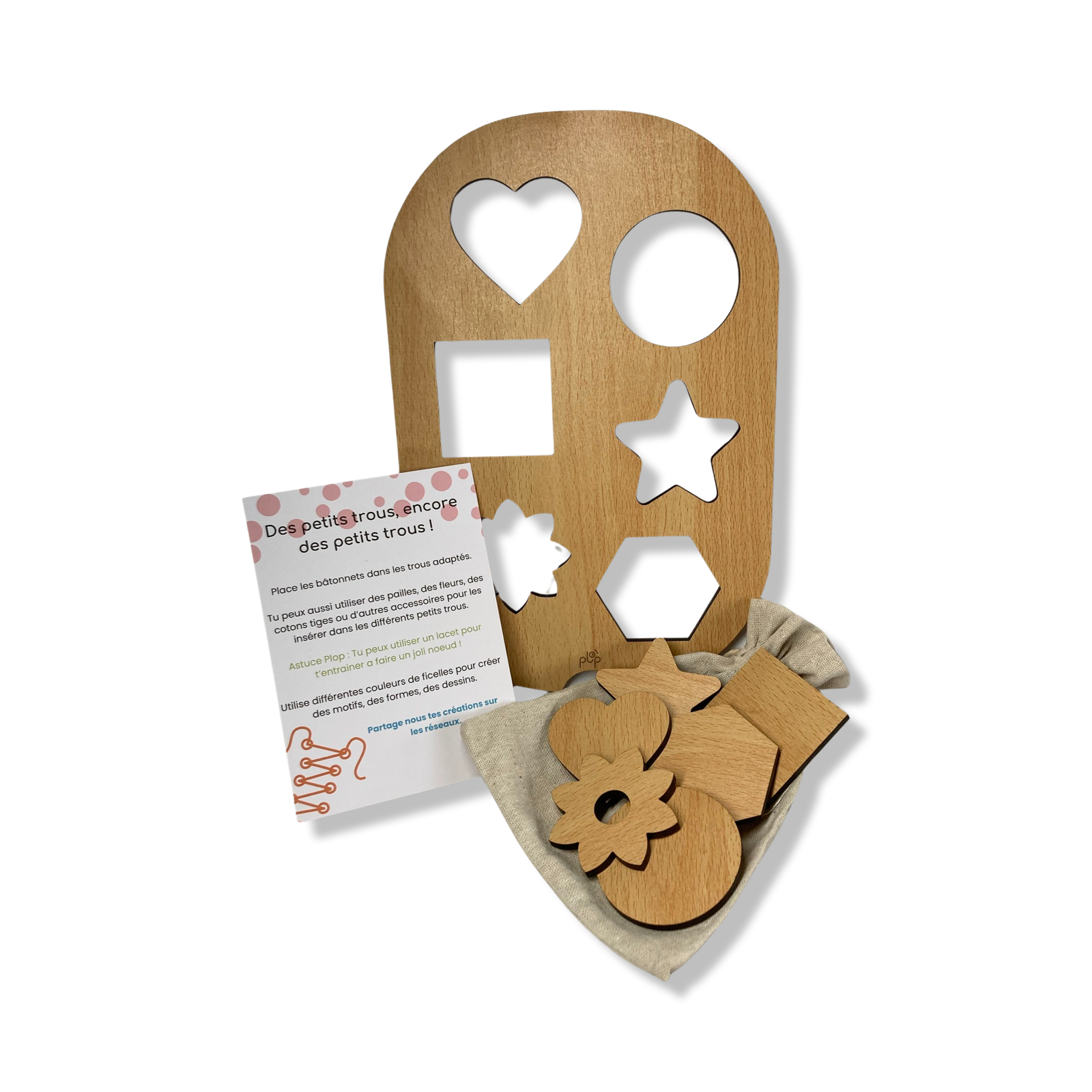 Planche à formes Montessori en bois avec pièces géométriques détachables et notice explicative, idéale pour les activités éducatives